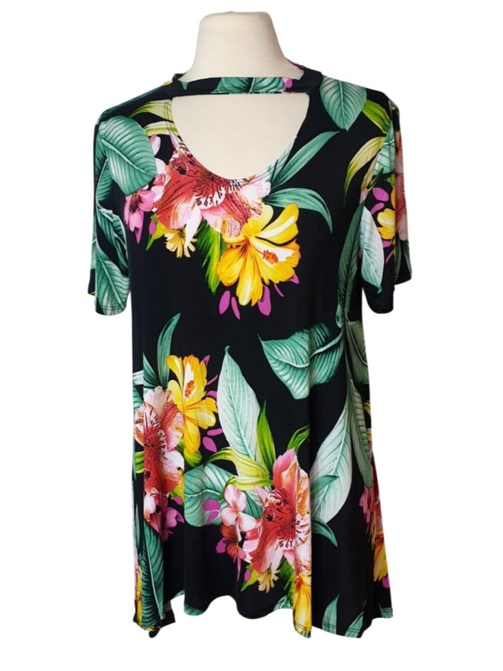 Lovely J Womens Hawaiian Top L Cut-Out Neck Handkerchief Stretch Soft Tunic